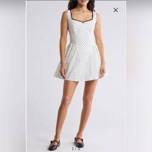 Lush White Polka Dot Aline Dress Black Lacetrim Neckline
